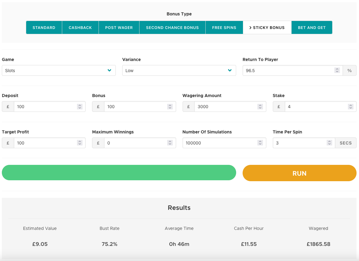 Screenshot of Outplayed simulator showing the effect of changing slot variance